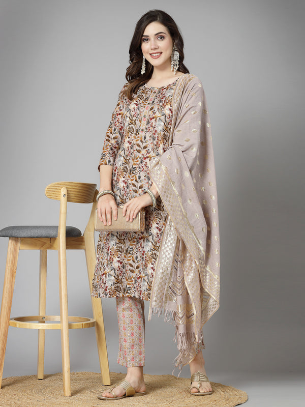 Floral Printed Cotton Blend Straight Kurta Pant Dupatta Set