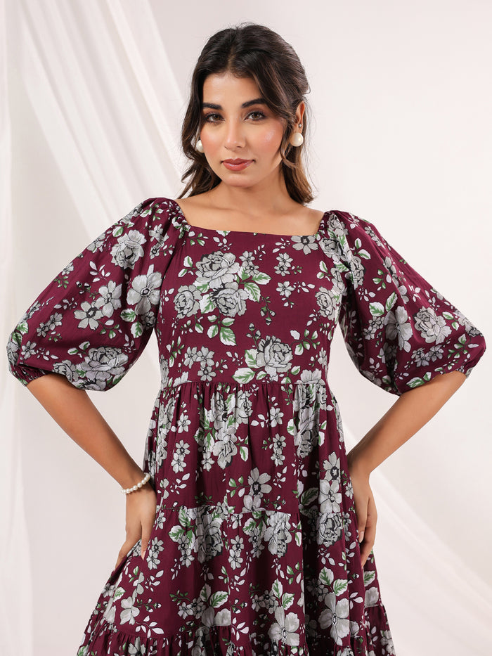 Wine Pure Cotton Floral Printed Tiered Dress
