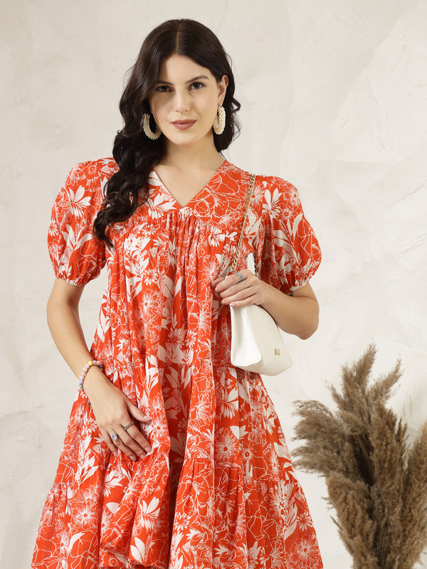 Orange Tropical Printed Cotton Flared Dress