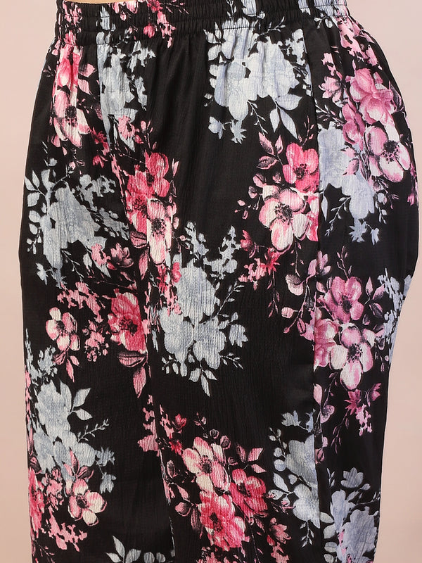 Black Printed Italian Crush Straight Kurta Pant Dupatta Set