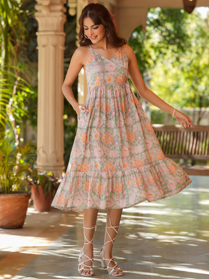 Pure Cotton Floral Printed Tiered Dress