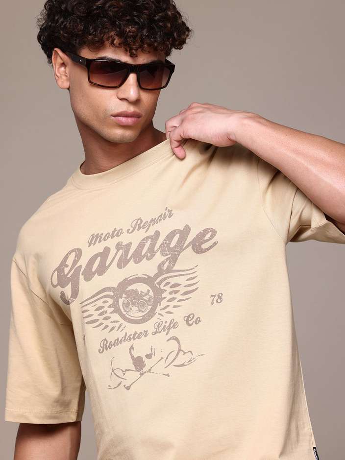 Men Printed Round Neck Cotton Blend Beige T-Shirt