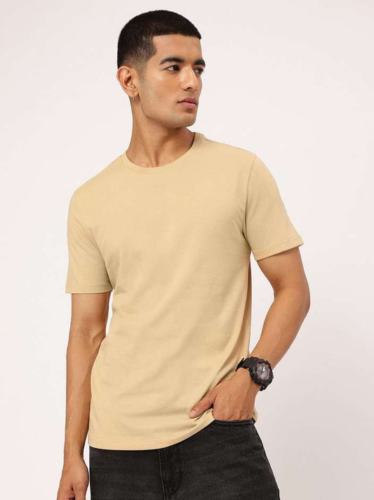 Men Printed Round Neck Cotton Blend Beige T-Shirt