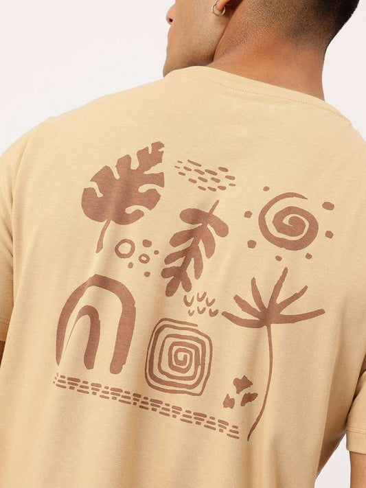 Men Printed Round Neck Cotton Blend Beige T-Shirt