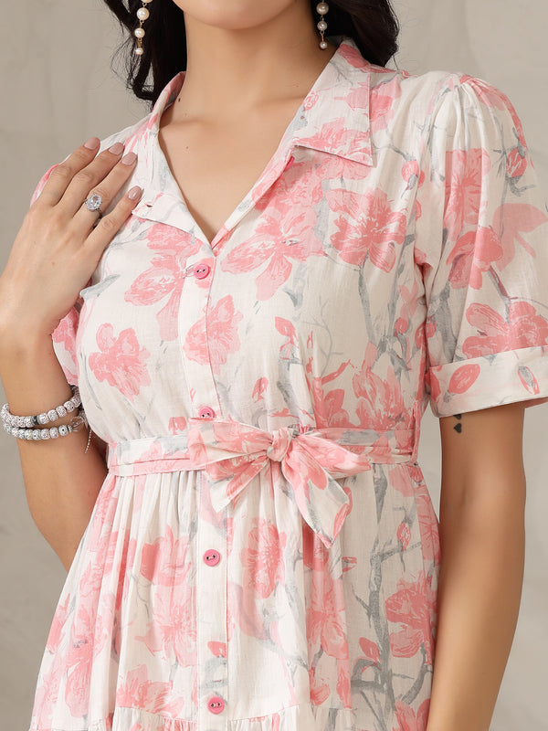 Pestal Pink Floral Printed Cotton Flared Dress