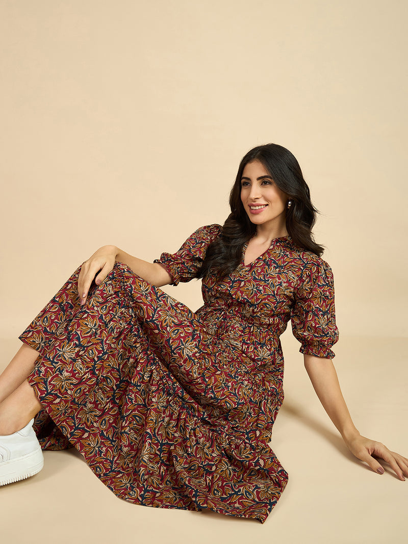 Ethnic Motif Print Mandarin Coller Short Puff Sleeves Cotton A-Line Midi Dress