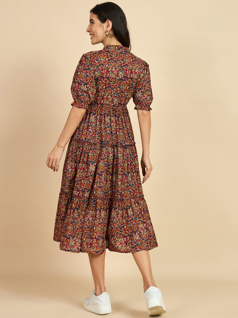 Ethnic Motif Print Mandarin Coller Short Puff Sleeves Cotton A-Line Midi Dress