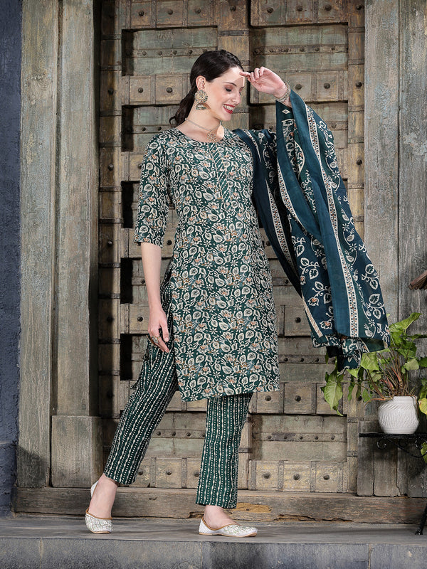 Floral Printed Cotton Blend Straight Kurta Pant Dupatta Set