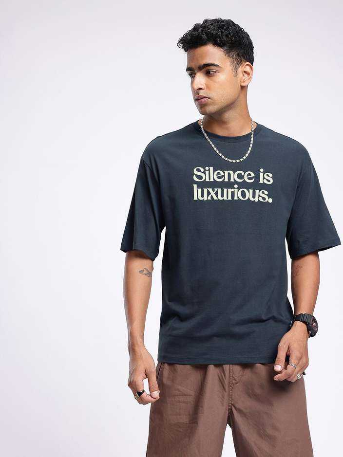 Printed Round Neck Cotton Blend Blue T-Shirt