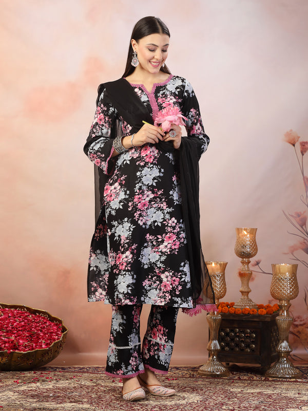 Black Printed Italian Crush Straight Kurta Pant Dupatta Set