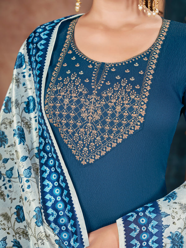 Teal Solid & Embroidered Crepe Straight Kurta Pant Dupatta Set