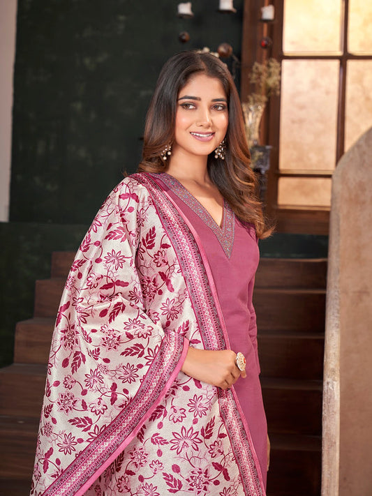 Rose Pink Solid & Embroidered Silk Blend Straight Kurta Pant Dupatta Set