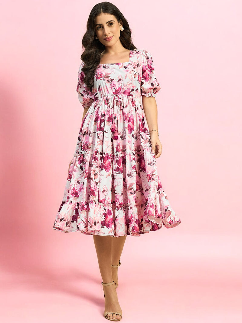 Pink Floral Fit & Flare Cotton Dress