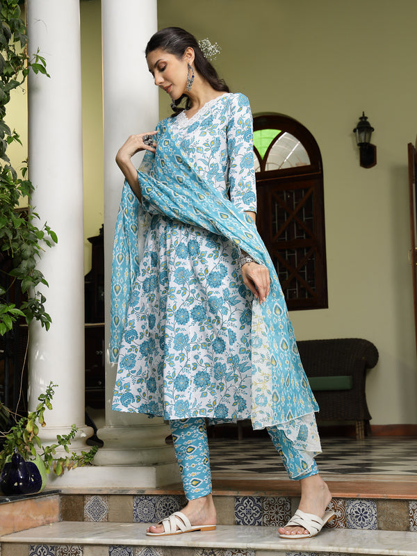 Turquoise Floral Printed Cotton A-Line Kurta Pant Dupatta Set