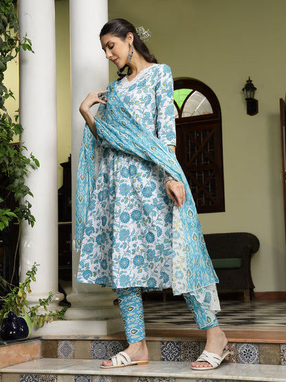 Turquoise Floral Printed Cotton A-Line Kurta Pant Dupatta Set