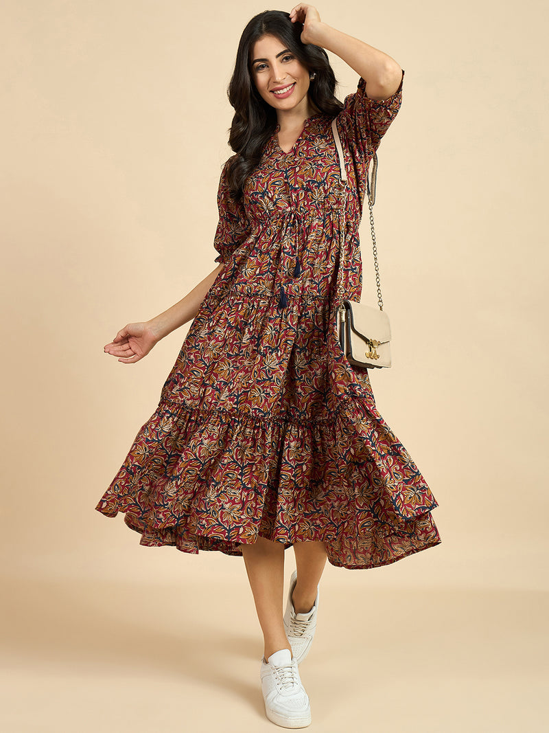 Ethnic Motif Print Mandarin Coller Short Puff Sleeves Cotton A-Line Midi Dress