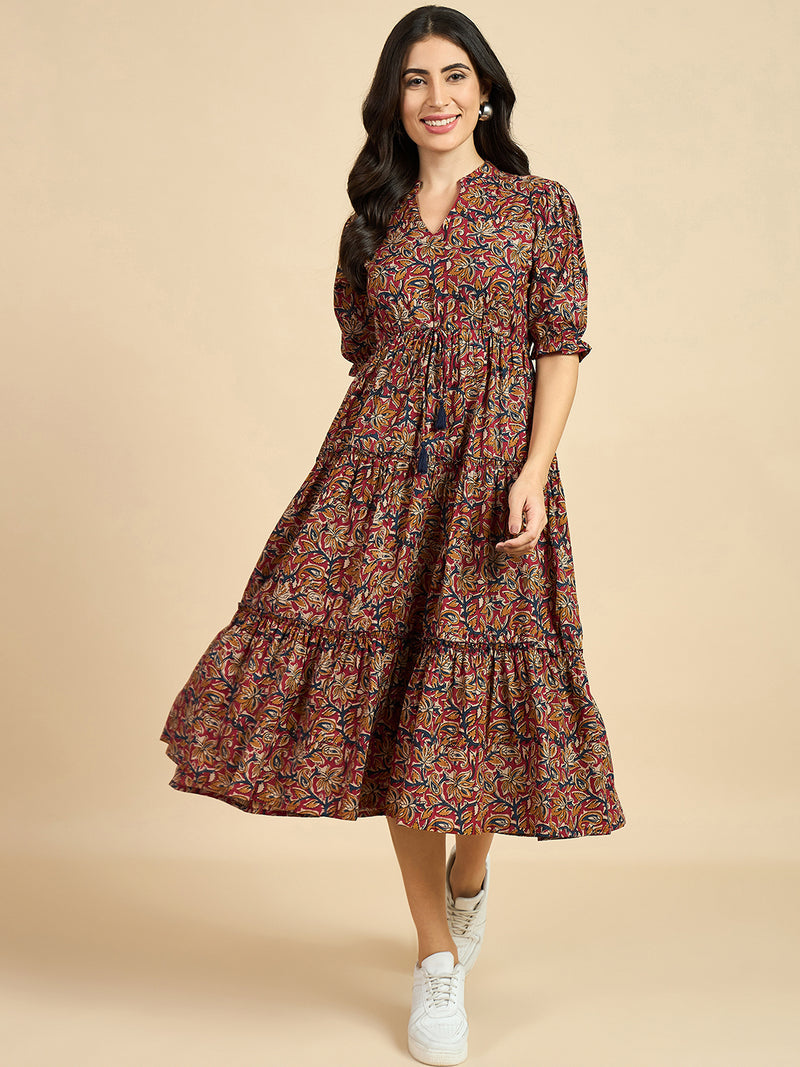 Ethnic Motif Print Mandarin Coller Short Puff Sleeves Cotton A-Line Midi Dress
