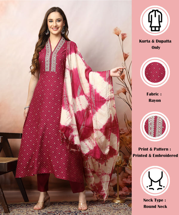 Wine Khari Printed & Embroidered Rayon A-Line Kurta Dupatta Set