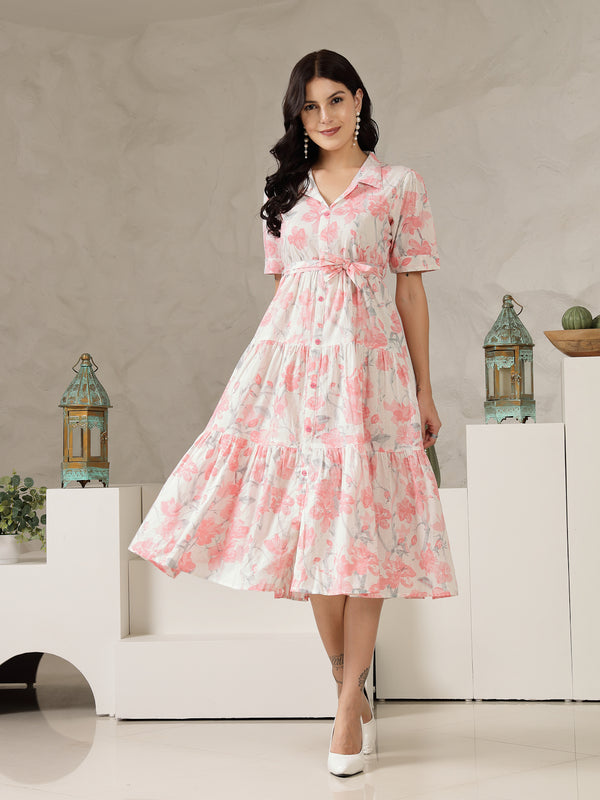 Pestal Pink Floral Printed Cotton Flared Dress