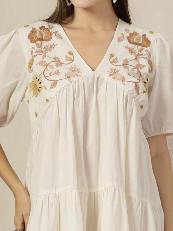 Cream Solid & Embroidered Cotton Flared Dress