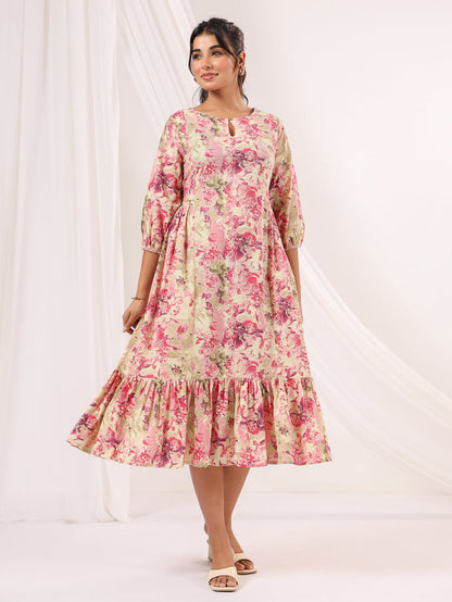 Pink Pure Cotton Floral Printed A line Dress