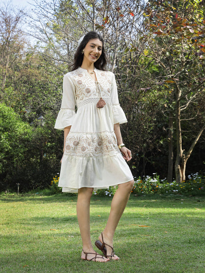 White Solid & Embroidered Cotton Tiered Dress