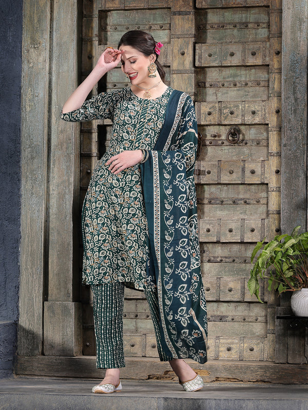 Floral Printed Cotton Blend Straight Kurta Pant Dupatta Set