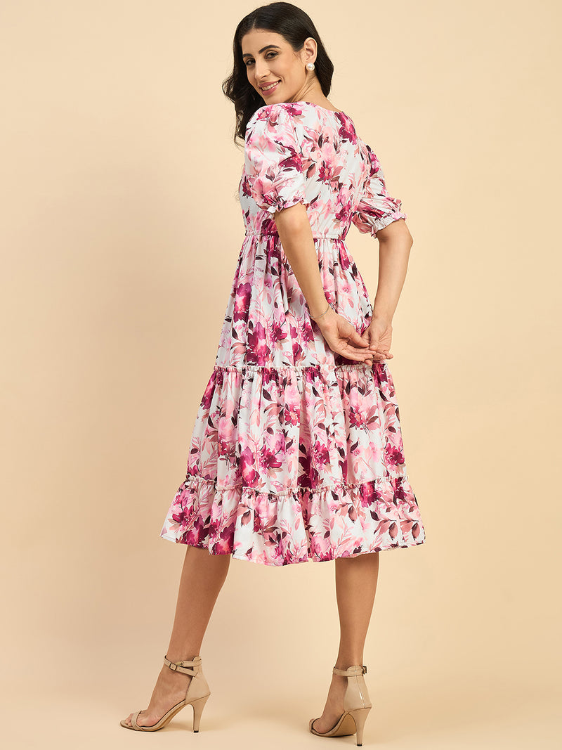 Pink Floral Fit & Flare Cotton Dress
