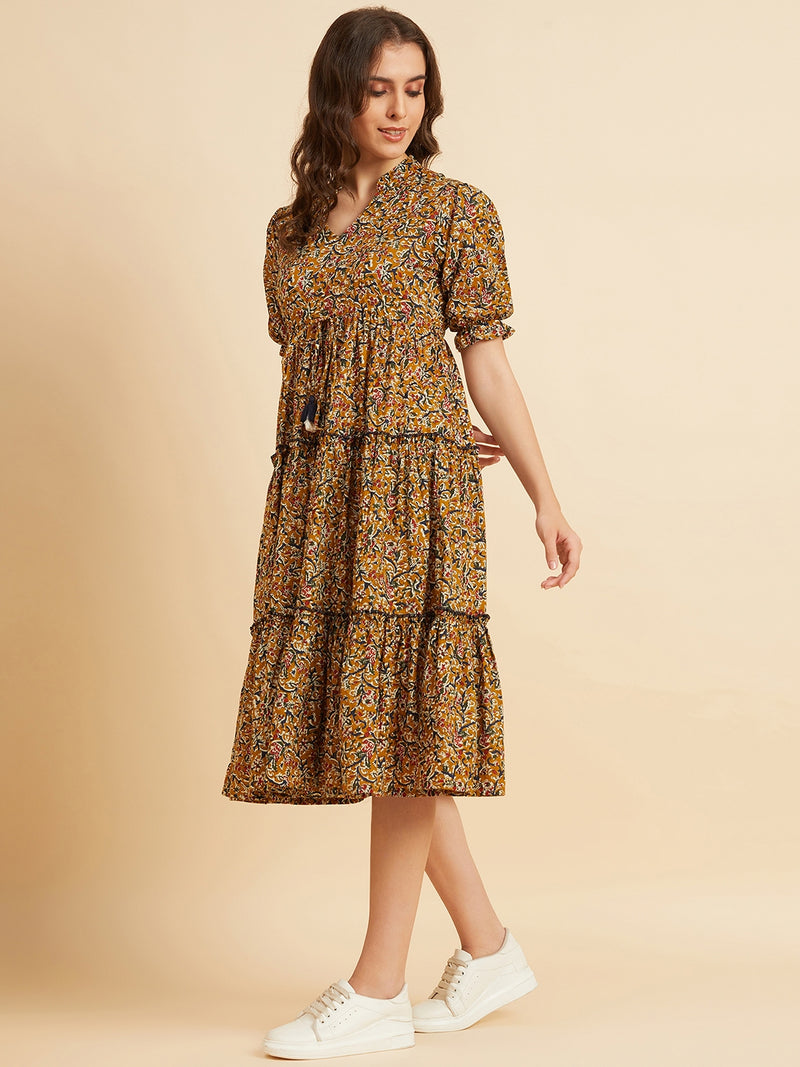 Floral Printed Cotton Fit & Flare Midi Dress