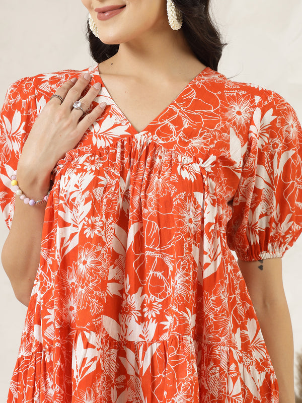 Orange Tropical Printed Cotton Flared Dress