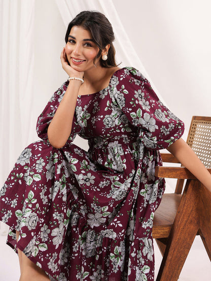 Wine Pure Cotton Floral Printed Tiered Dress