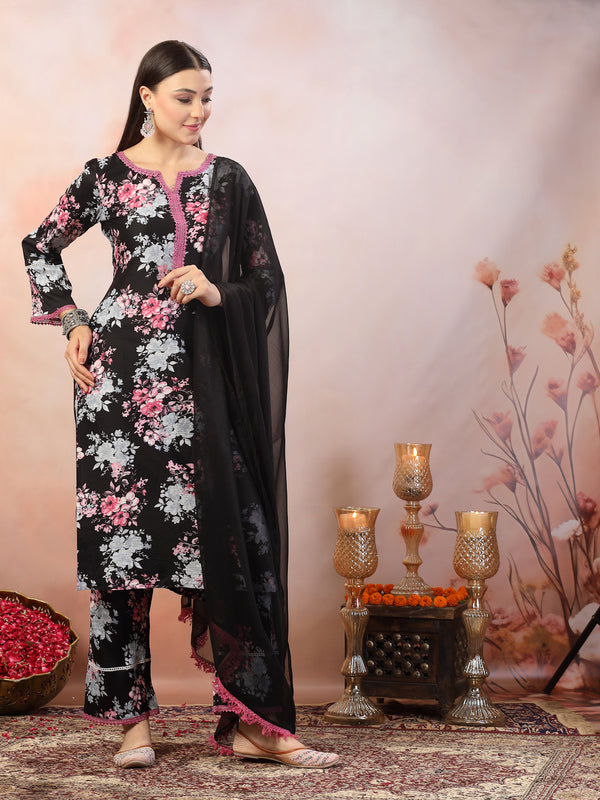 Black Printed Italian Crush Straight Kurta Pant Dupatta Set