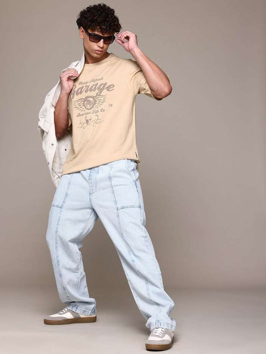 Men Printed Round Neck Cotton Blend Beige T-Shirt