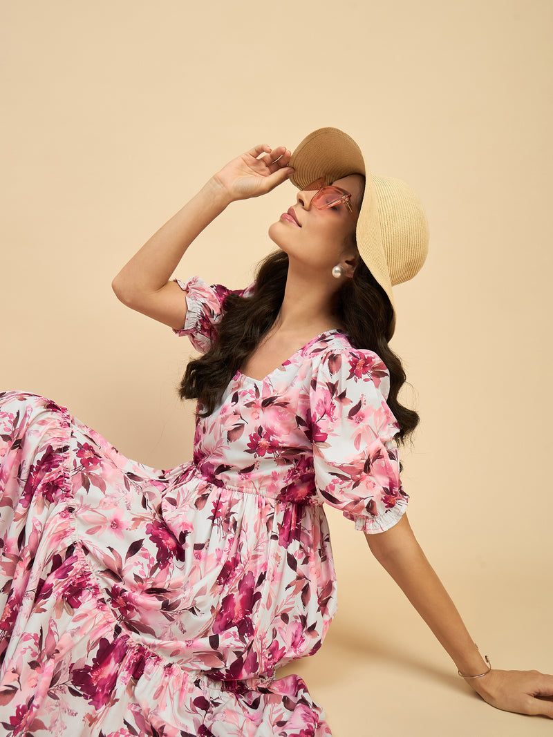 Pink Floral Fit & Flare Cotton Dress