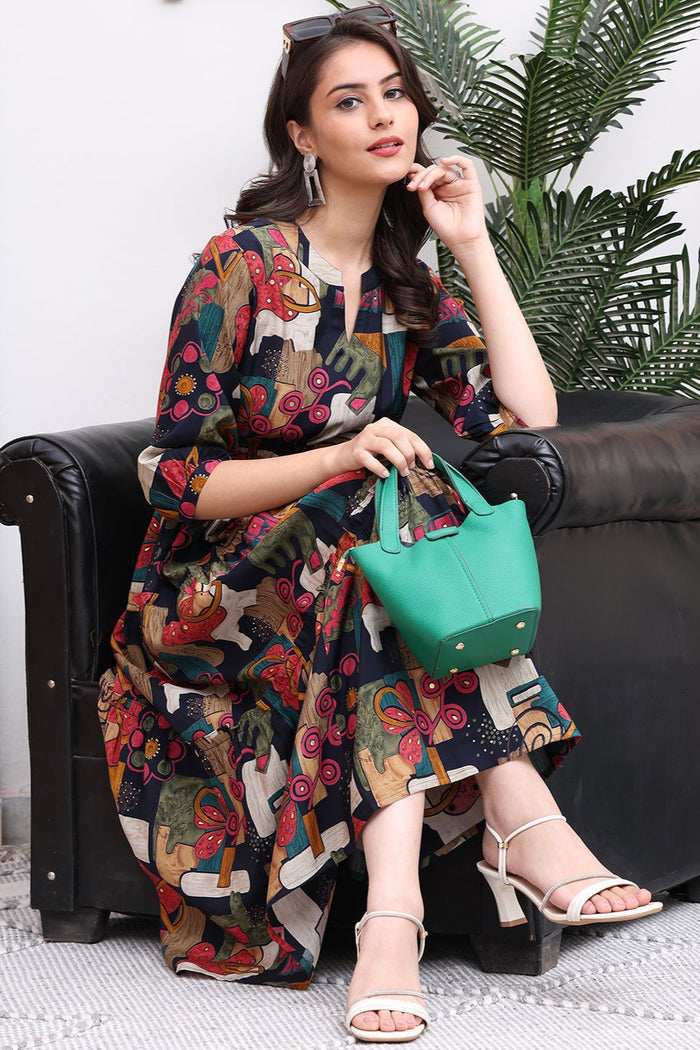 Black Colour Abstract Printed Ethnic Chanderi Premium Dress For Women