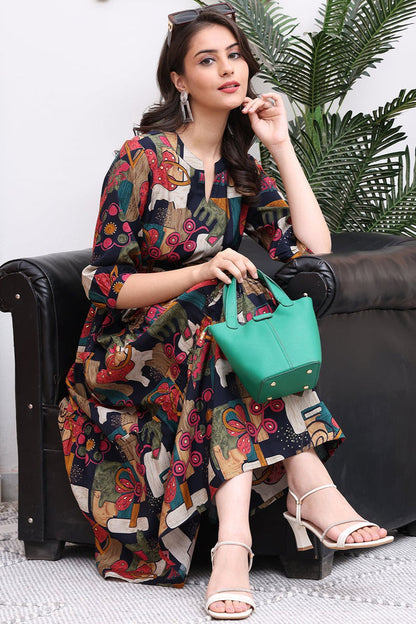 Black Colour Abstract Printed Ethnic Chanderi Premium Dress For Women