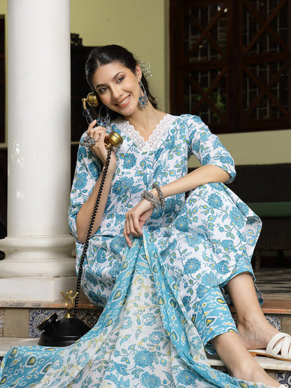 Turquoise Floral Printed Cotton A-Line Kurta Pant Dupatta Set