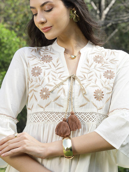 White Solid & Embroidered Cotton Tiered Dress