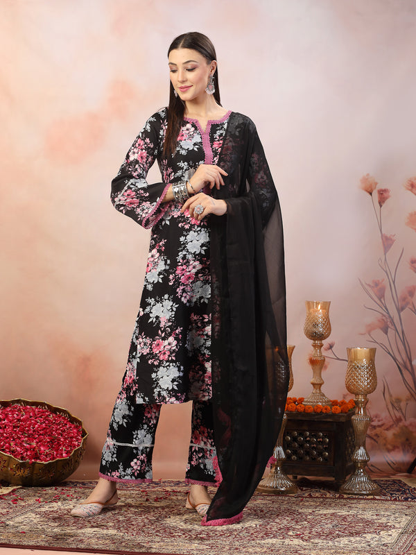Black Printed Italian Crush Straight Kurta Pant Dupatta Set