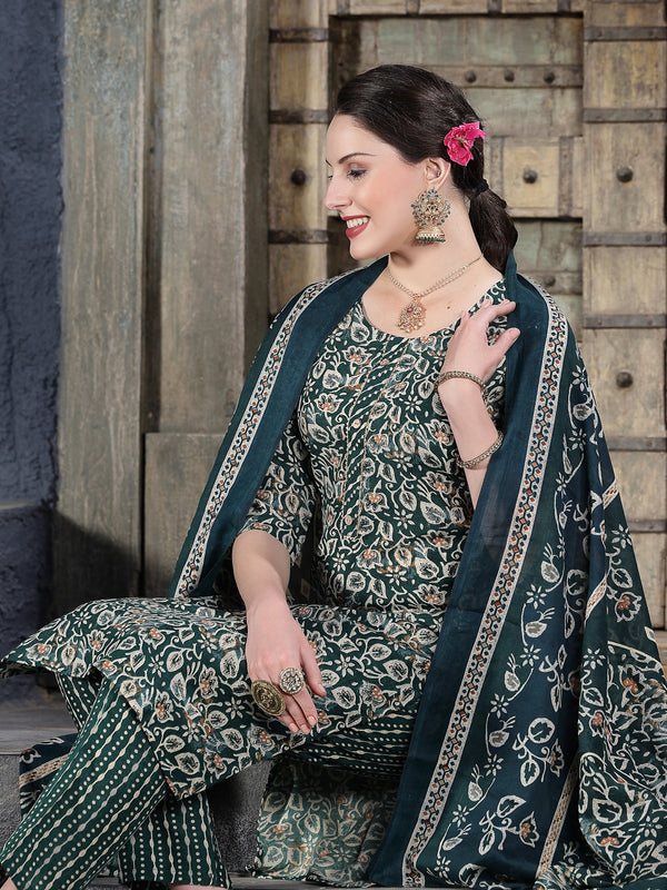 Floral Printed Cotton Blend Straight Kurta Pant Dupatta Set