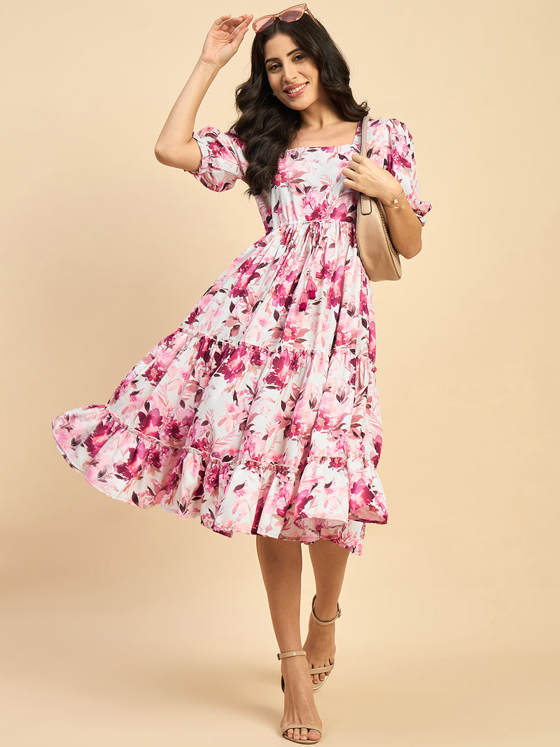 Pink Floral Fit & Flare Cotton Dress