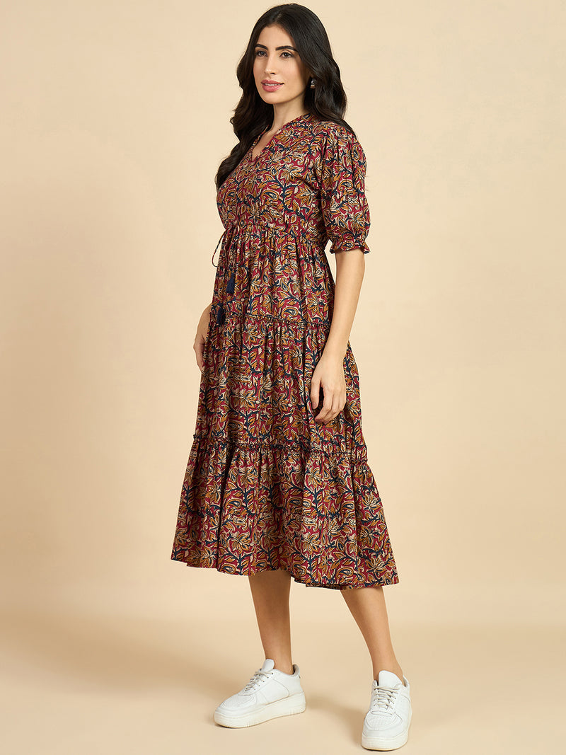 Ethnic Motif Print Mandarin Coller Short Puff Sleeves Cotton A-Line Midi Dress