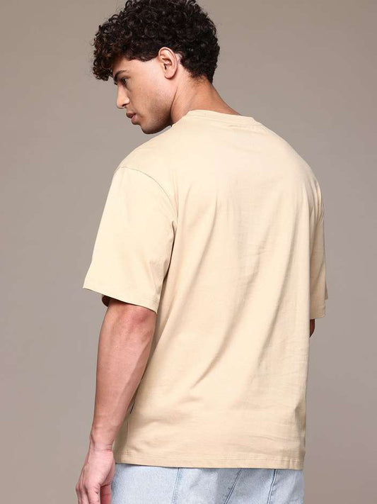 Men Printed Round Neck Cotton Blend Beige T-Shirt