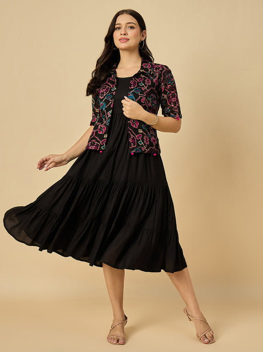 Black Solid Dress With Jacket