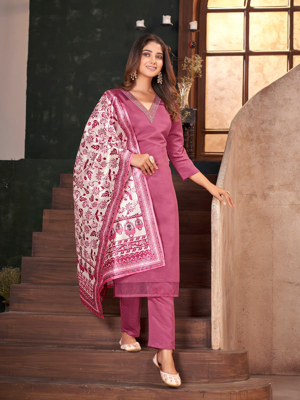 Rose Pink Solid & Embroidered Silk Blend Straight Kurta Pant Dupatta Set