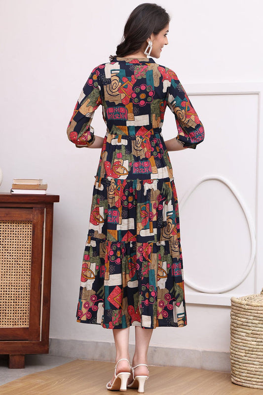 Black Colour Abstract Printed Ethnic Chanderi Premium Dress For Women