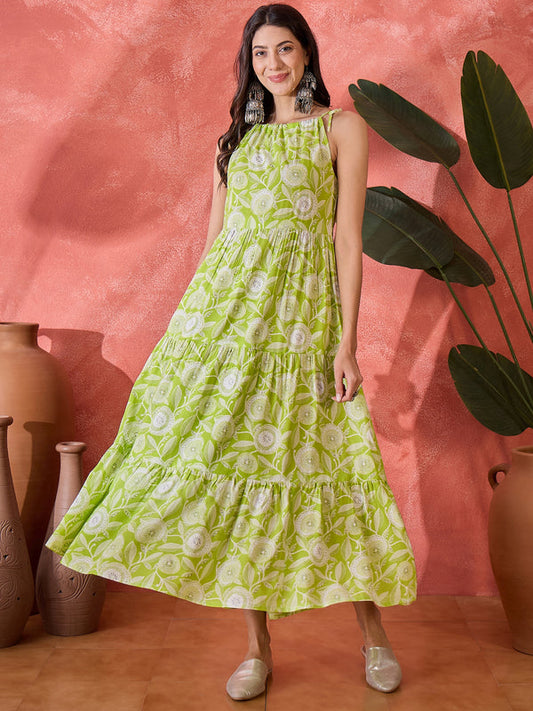 Green Floral Printed Rayon Strappy Tiered Dress