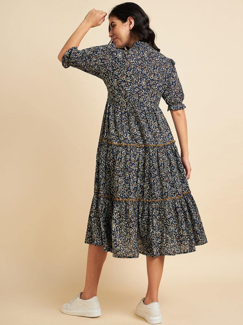 Floral Printed Mandarin Coller Pure Cotton Fit & Flare Dress