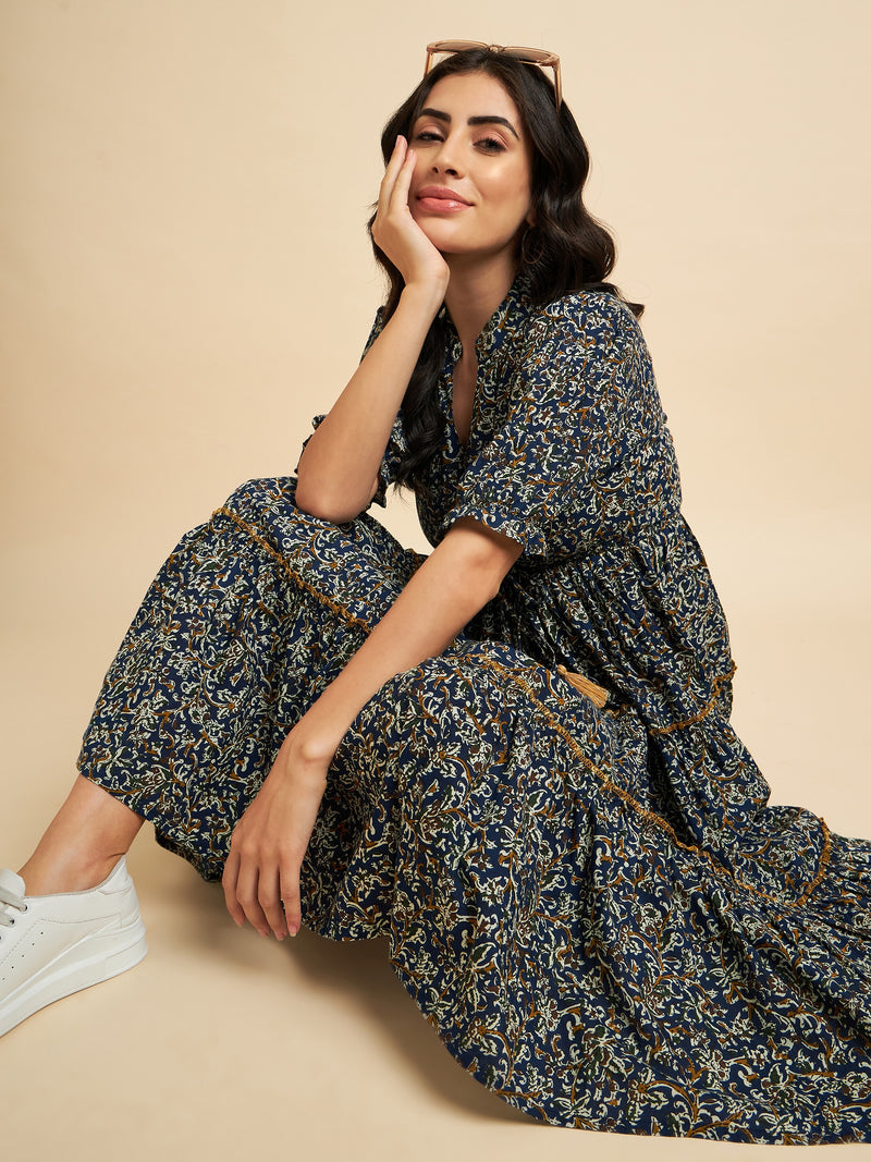 Floral Printed Mandarin Coller Pure Cotton Fit & Flare Dress