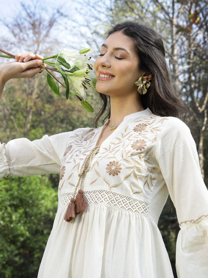 White Solid & Embroidered Cotton Tiered Dress